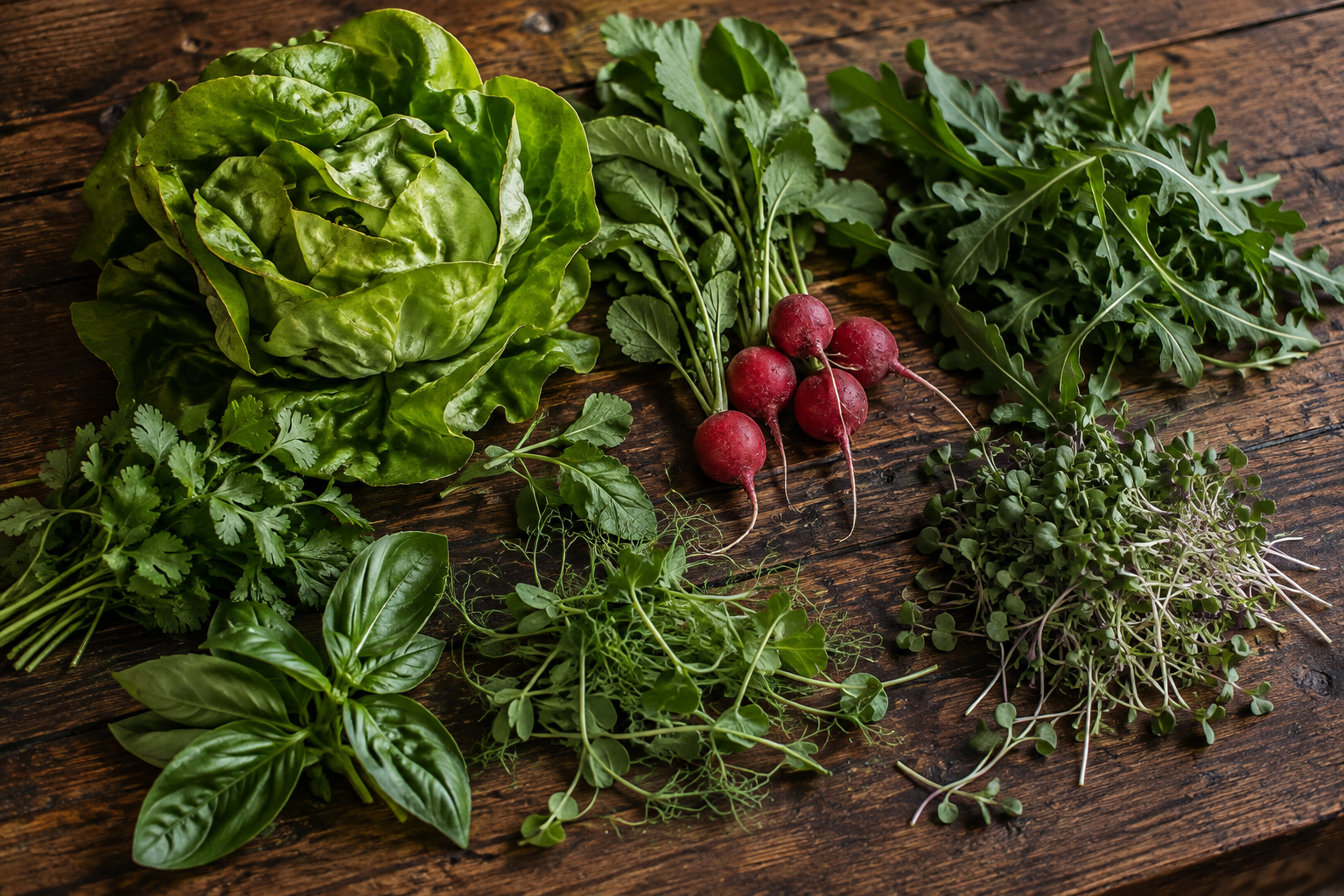 Lettuce, herbs, radishes, and tender shoots arranged on a wooden table